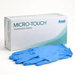 Box of examination gloves with blue gloves in front