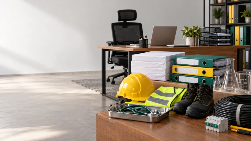 Illustrative image of office and site supplies arranged on a desk: files, a hard hat, a reflective vest, boots and cable
