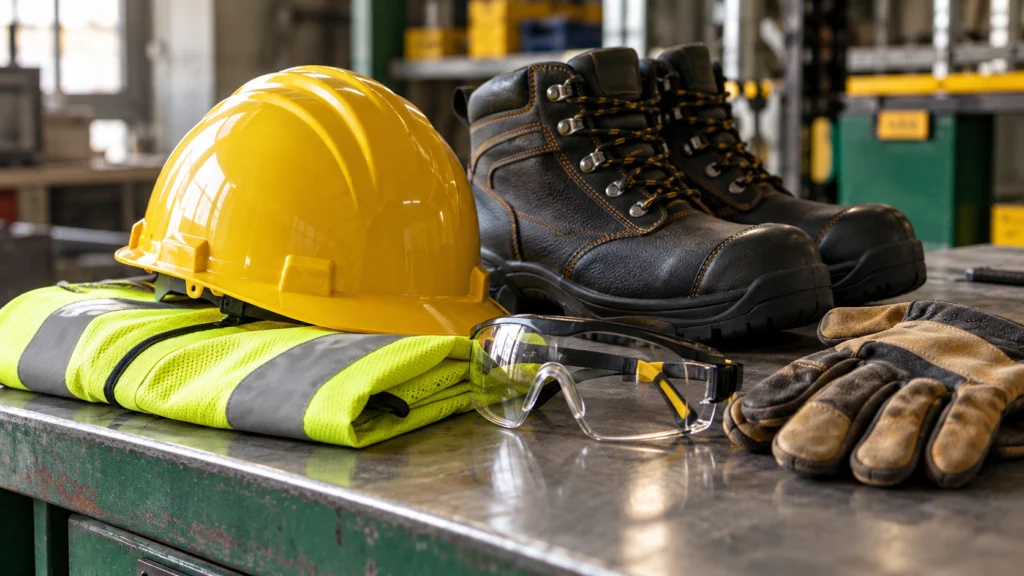 Illustrative image of protective gear on a workbench: hard hat, reflective vest, safety boots, gloves and glasses