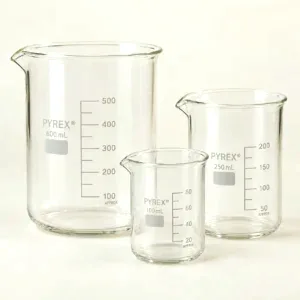 Three graduated glass beakers in different sizes