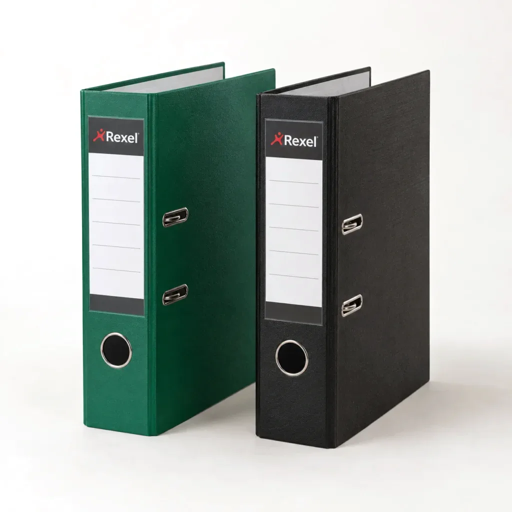 Green and black lever arch files standing upright