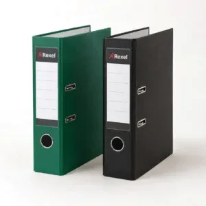 Green and black lever arch files standing upright
