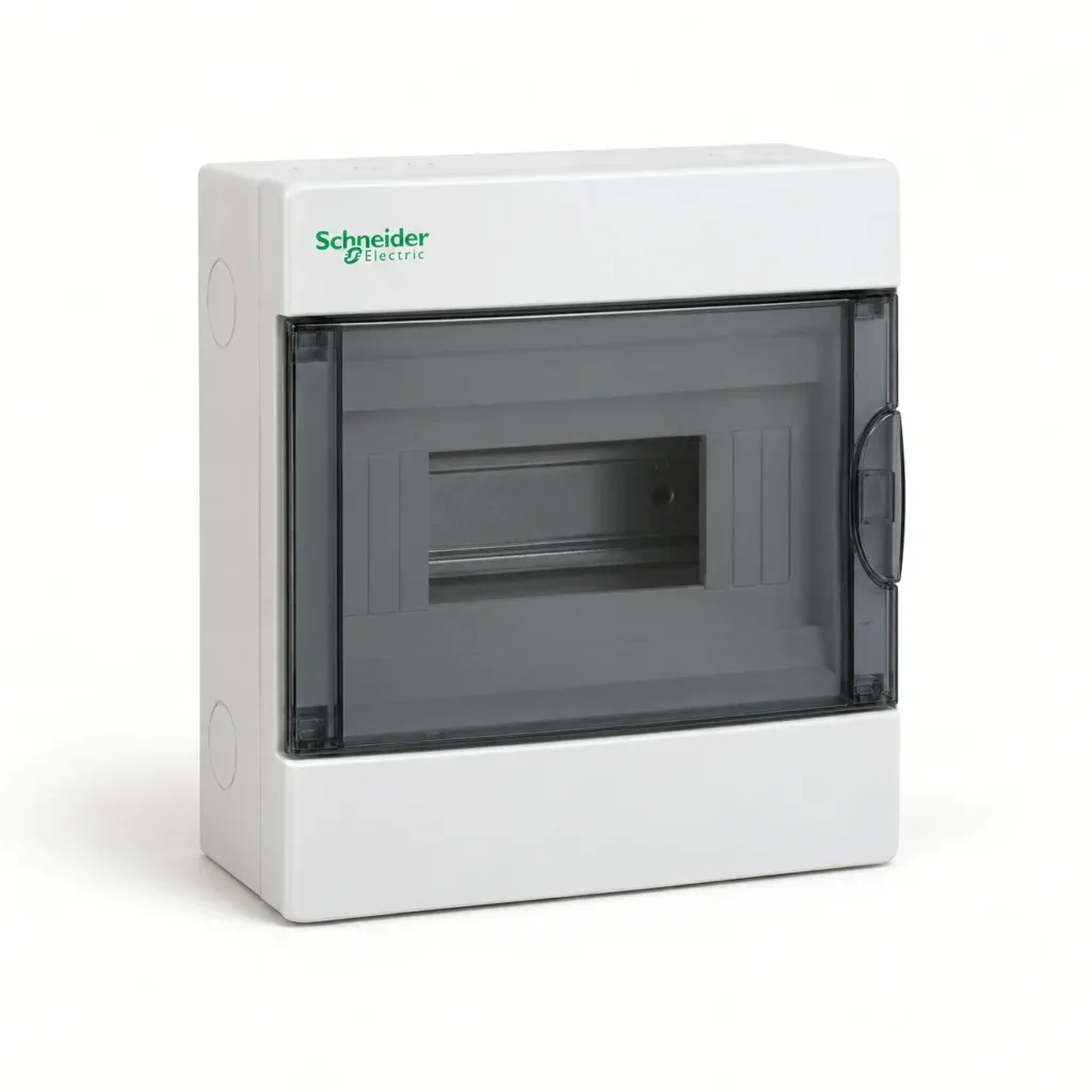 White distribution board enclosure with a clear cover