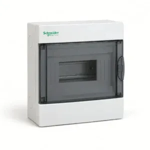 White distribution board enclosure with a clear cover