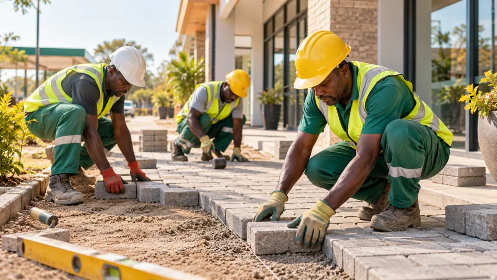 Illustrative image of workers in protective clothing laying paving blocks